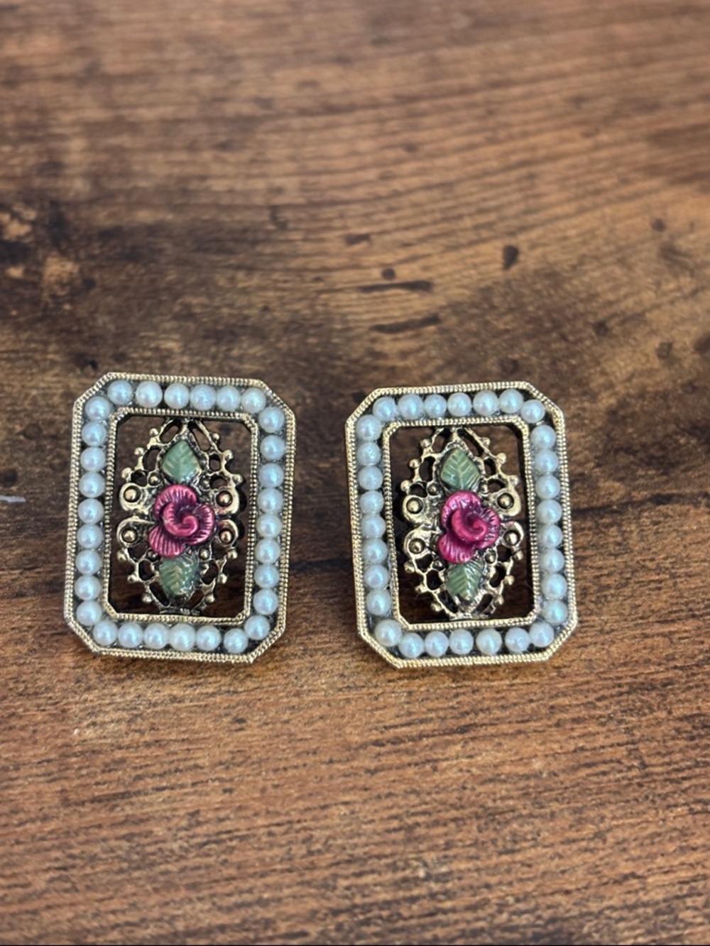 1928 Pink Rose & Pearl-Trimmed Filigree Earrings